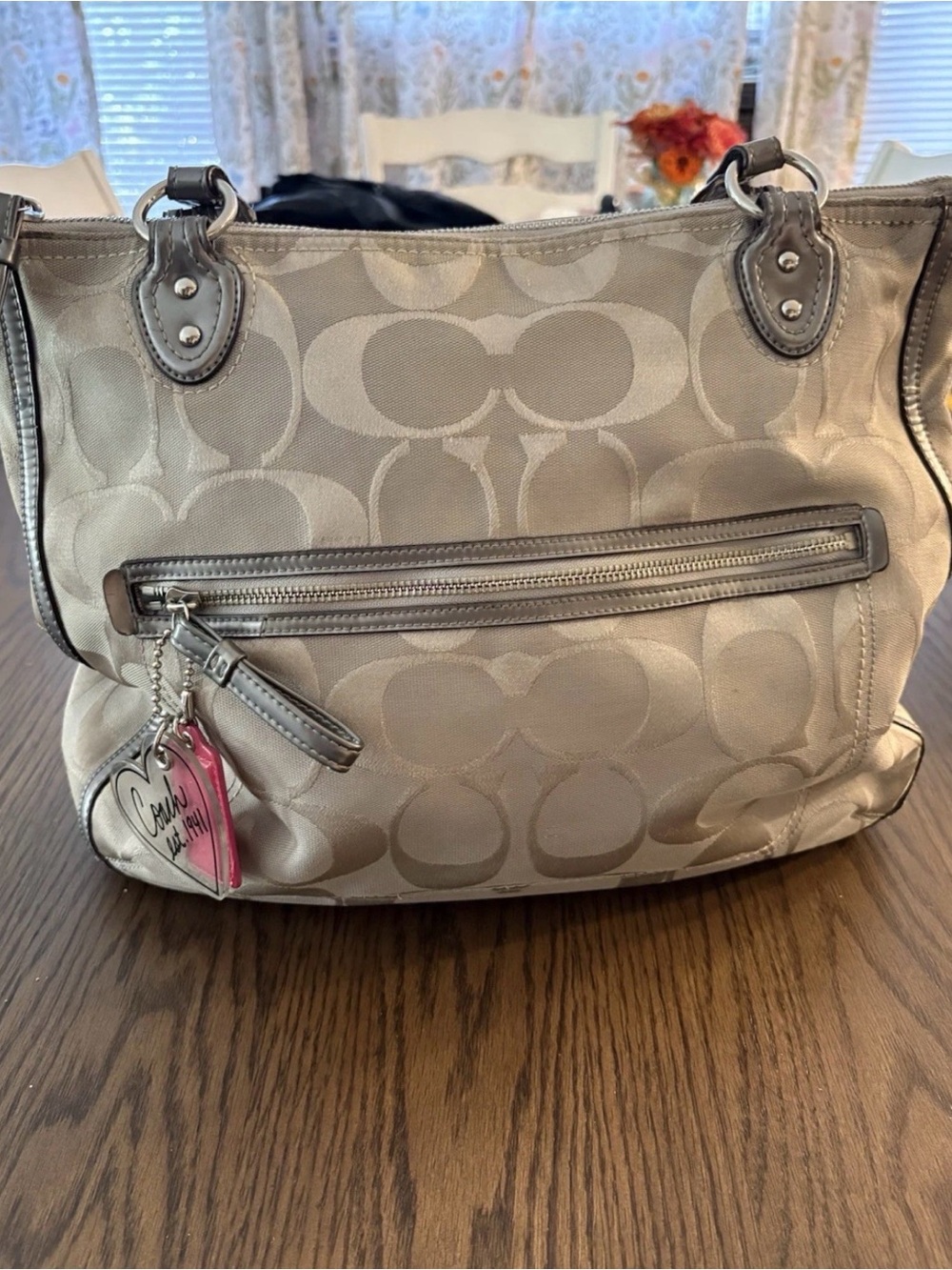 Coach Khaki Signature Shoulder Bag with Heart Charm #1059